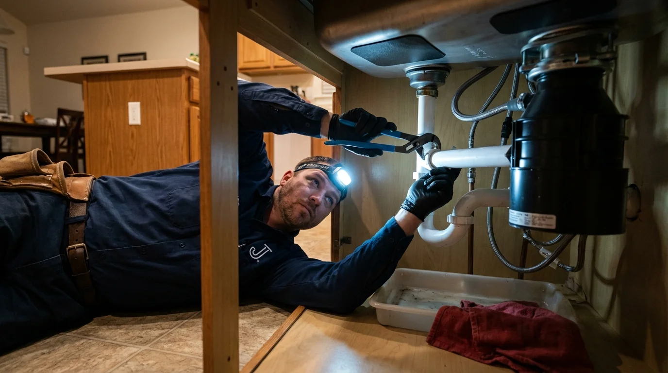 P-trap and supply line connections under a kitchen sink showing a common leak point in Dayton, TN